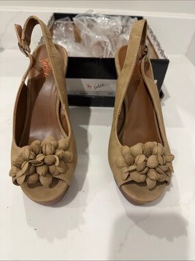 Very Volatile Tan Floral Peep-Toe Slingback Wedges- worn twice inside